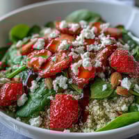 Strawberry feta quinoa salad with fresh strawberries, creamy feta, and baby spinach, tossed in a tangy balsamic dressing for a colorful spring meal.