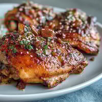 Honey Garlic Baked Chicken Thighs in a glossy sweet-savory glaze, golden and juicy from the oven.