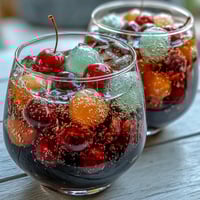 Vibrant rainbow sherbet punch bowl fizzing with lemon-lime soda for a festive graduation party treat.