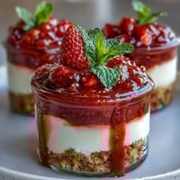 No-Bake Strawberry Cheesecake Jars with fresh strawberry compote and creamy vanilla filling in glass jars.  