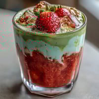 Refreshing strawberry matcha latte with oat milk, layered with vibrant pink strawberry puree and earthy green matcha.