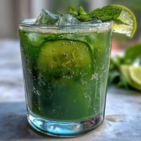 Refreshing green cucumber mint agua fresca in a clear glass with ice, garnished with cucumber slices and mint sprigs.