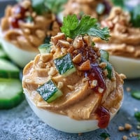 Thai Peanut Deviled Eggs with Cucumber Relish - creamy, spicy deviled eggs topped with fresh cucumber relish and crushed peanuts for a vibrant Thai-inspired appetizer.