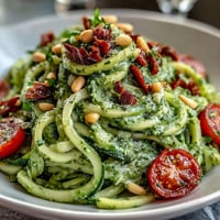 Zucchini Noodles with Avocado Pesto: vibrant greens coated in creamy, herby goodness.