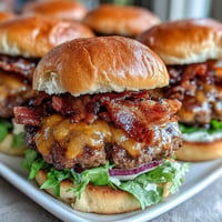 Juicy Father's Day grilled bacon burger sliders with melted cheese, perfectly assembled.