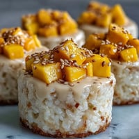 Golden coconut mango sticky rice cups, a sweet, creamy Thai dessert delight.