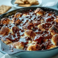 Gooey 4th of July S'mores Dip bubbling in a cast iron skillet, ready for graham crackers.